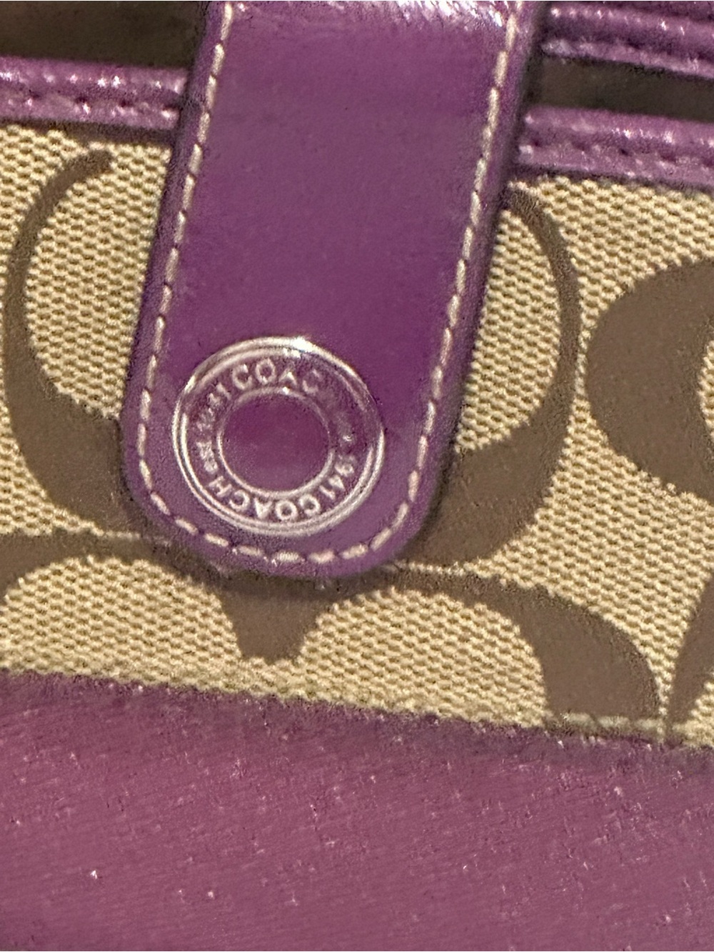 Coach Signature Stripe SIS Tote Khaki and Purple F19046 Matching Wallet - Picture 4 of 10
